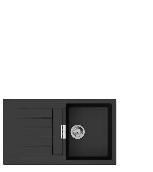 Einbauspüle in Graphitschwarz von Hansgrohe mit einer Abtropffläche auf der linken Seite und einem natürlichen Look.